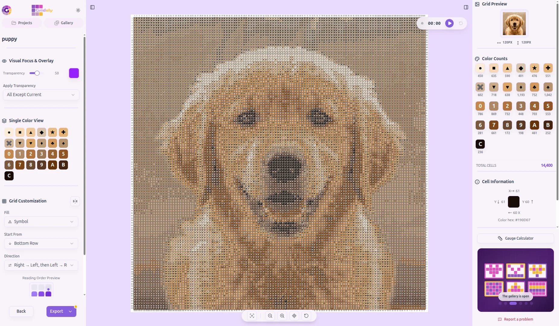 A golden retriever puppy photo converted into a diamond painting chart with a symbol in each cell