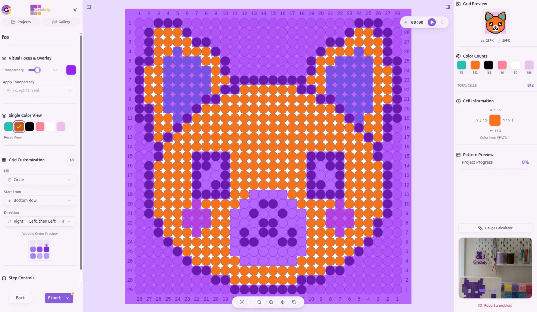 A fox face Hama bead pattern shown as round beads in the Gridely editor