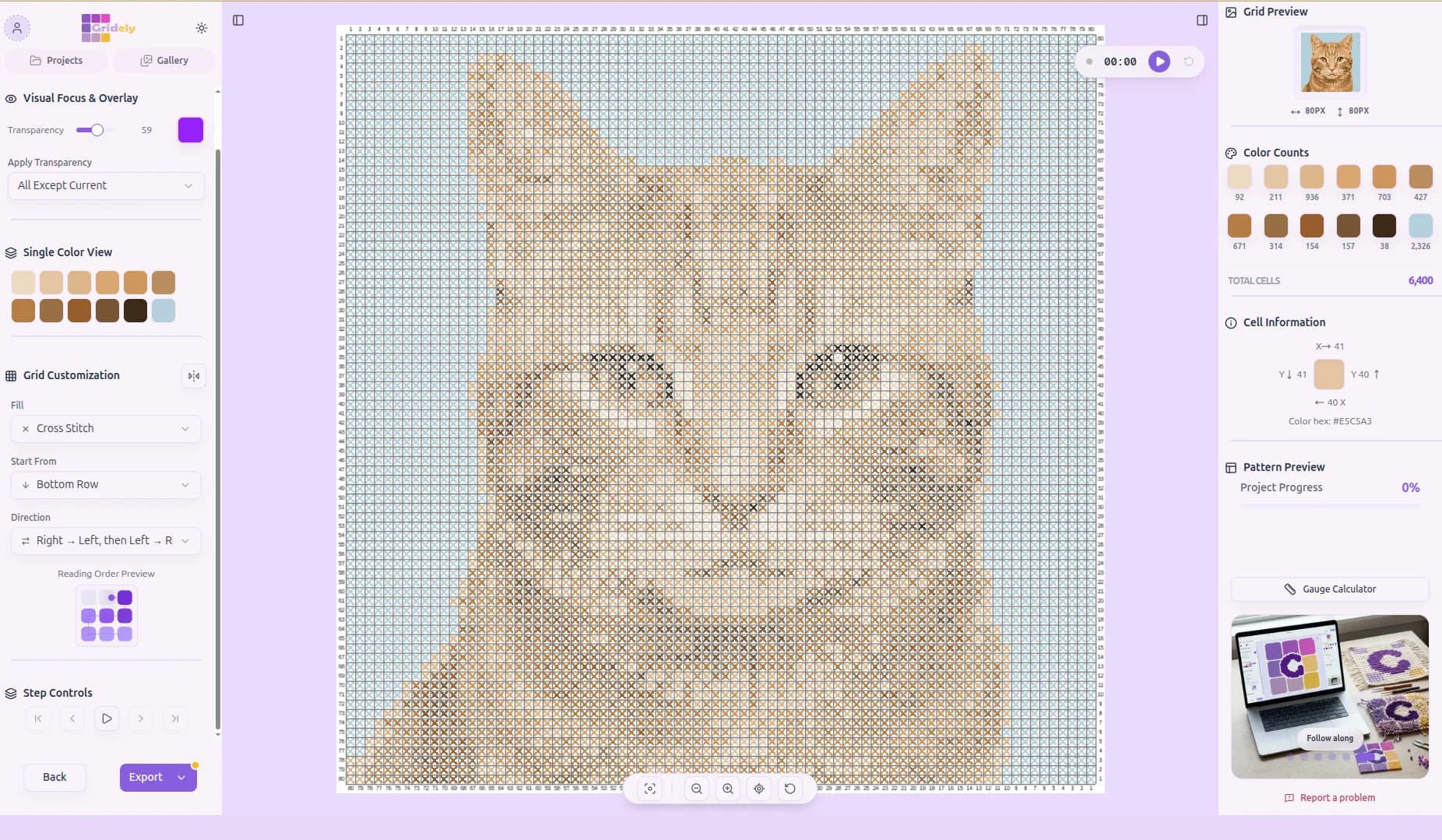 A photo of a ginger cat converted into a cross stitch chart in the Gridely editor
