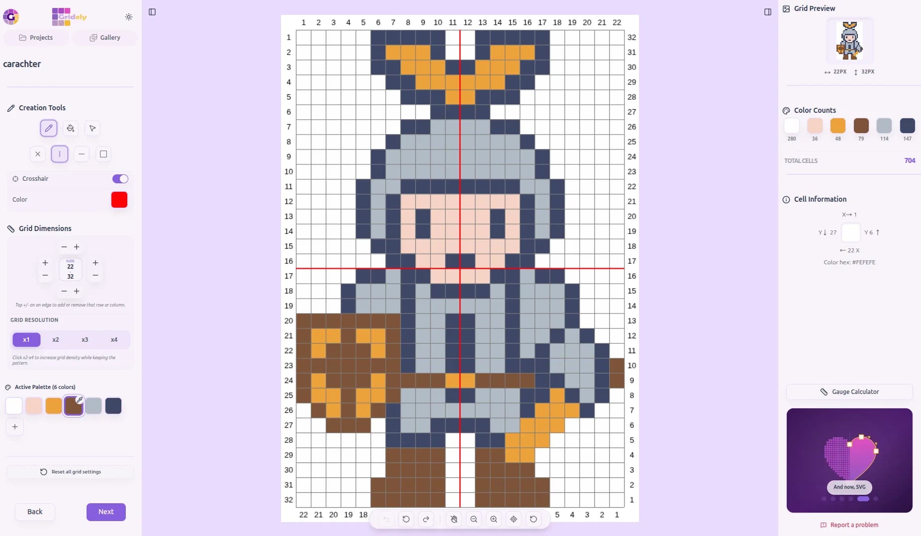 A pixel art knight drawn on a numbered grid in the Gridely editor, with the symmetry guide on