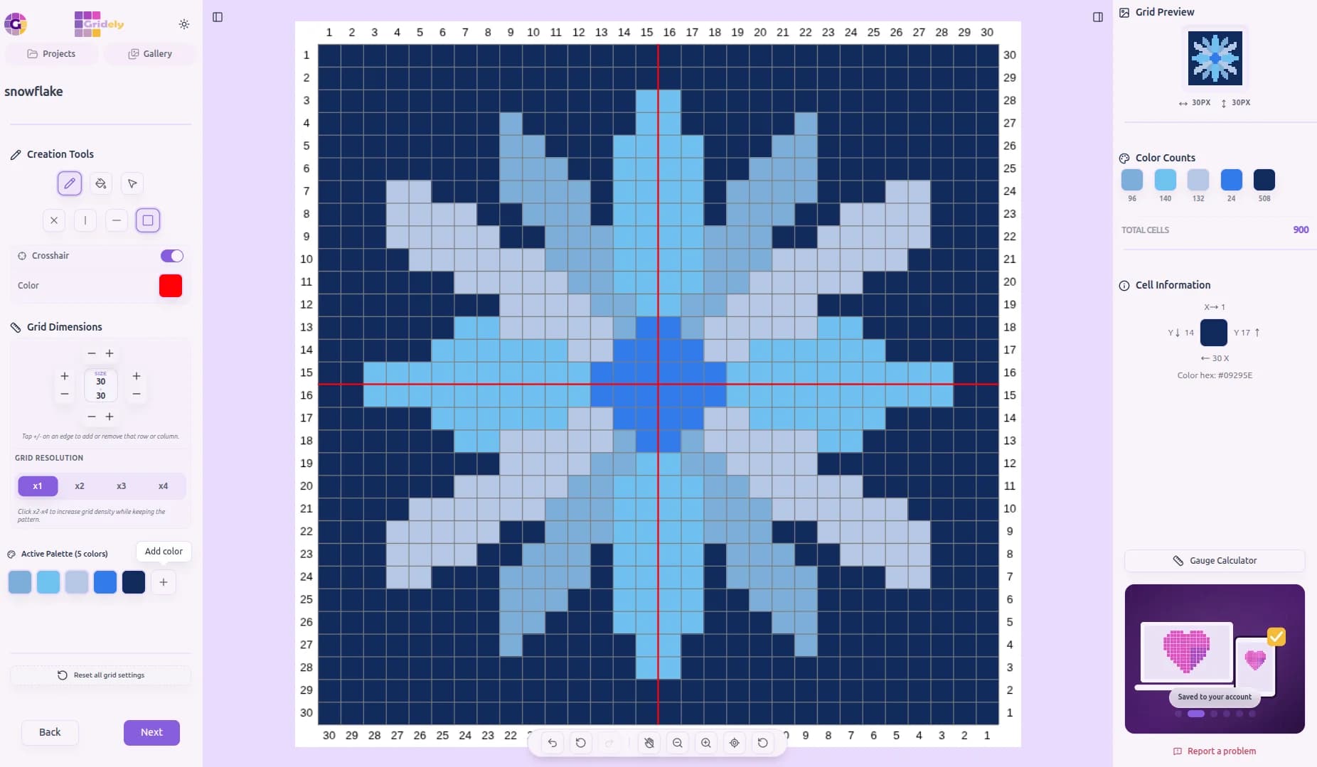 A symmetrical snowflake plastic canvas design on a 30 × 30 numbered grid