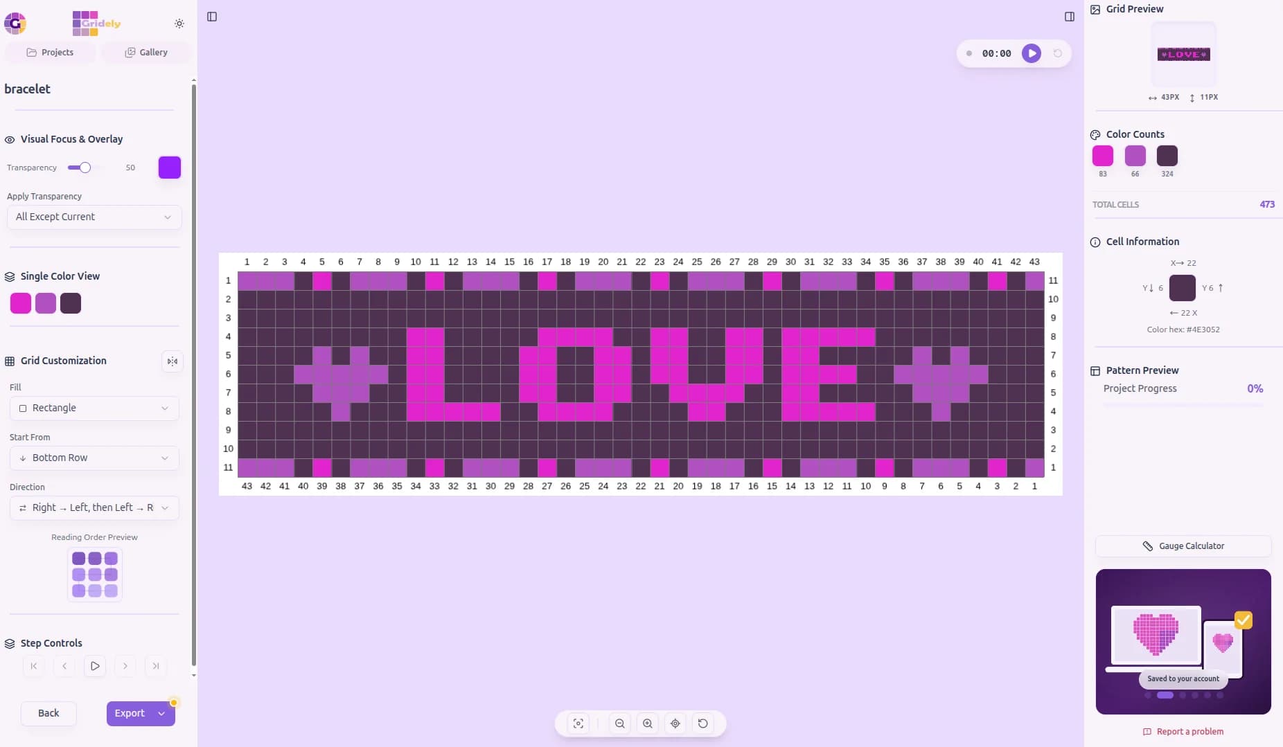 An alpha friendship bracelet pattern spelling LOVE between two hearts, in pink and purple