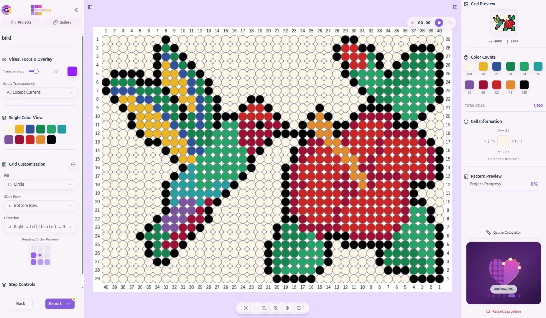 A bead loom pattern of a hummingbird and a hibiscus flower shown as round beads