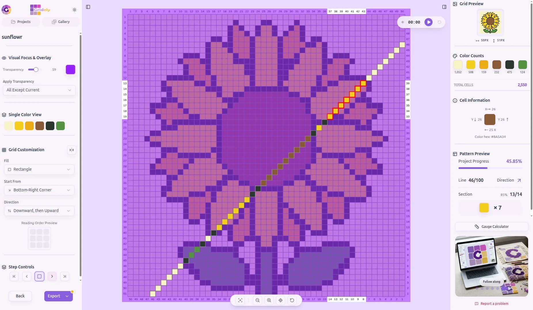 A sunflower C2C crochet chart in the Gridely reader, with the current diagonal row highlighted