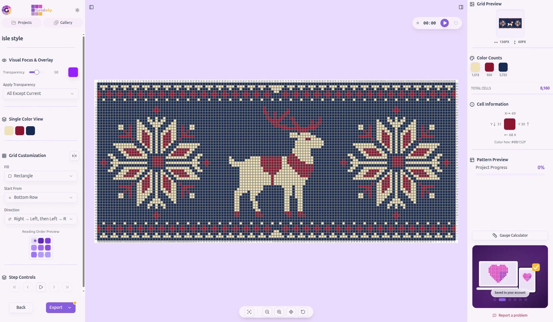 A Fair Isle knitting chart of a reindeer between two snowflakes in navy, cream and red