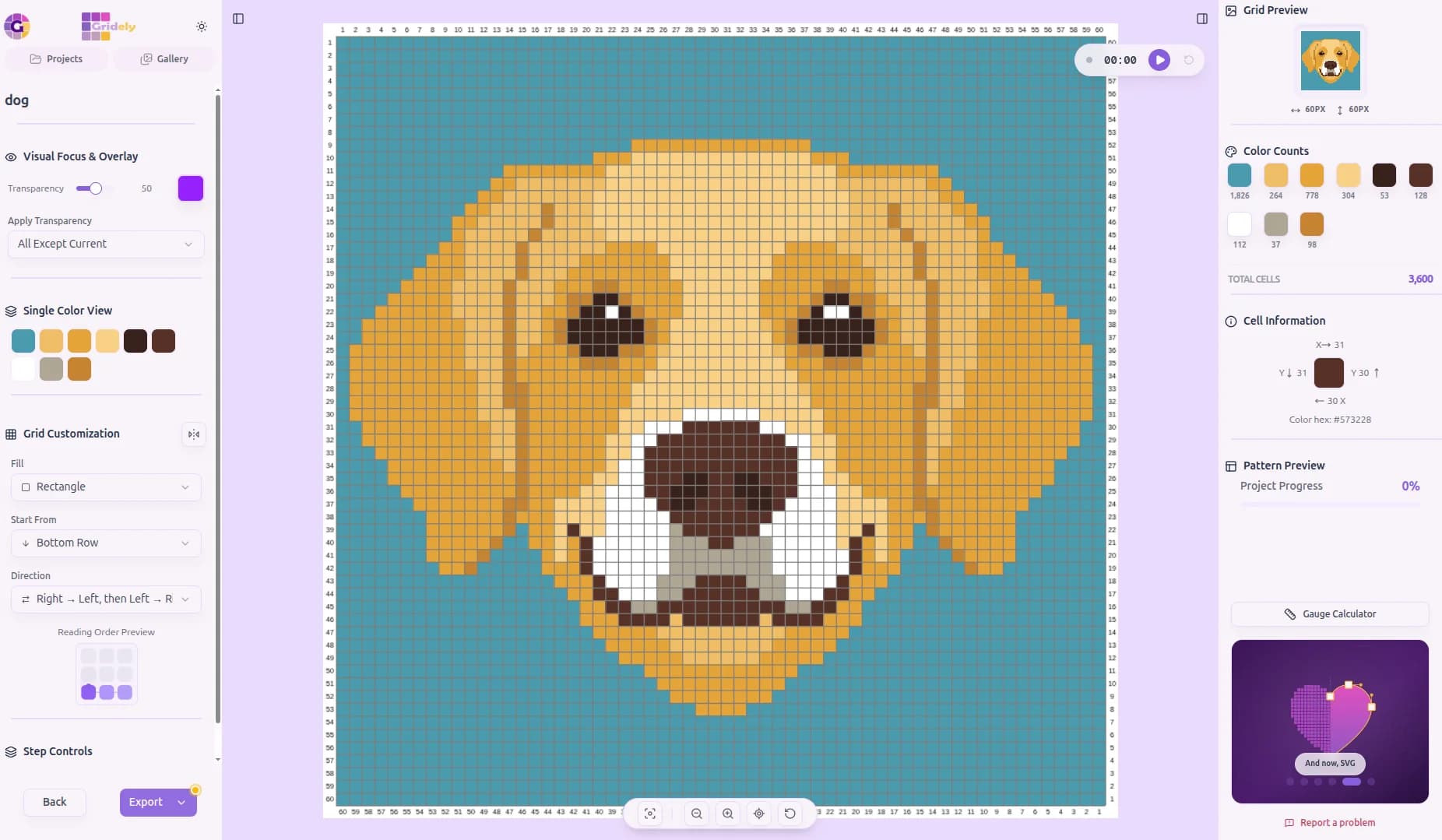 A latch hook rug chart of a golden retriever's head on a teal background